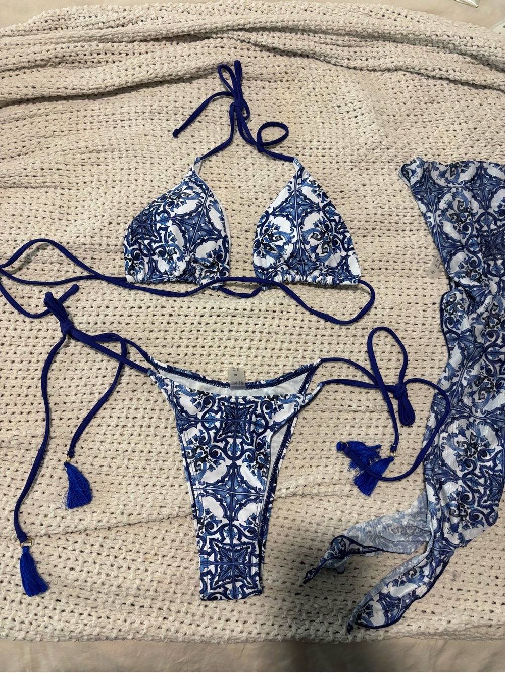 3 pc set, Blue Tile Print Triangle Bikini Set with Tassel Ties